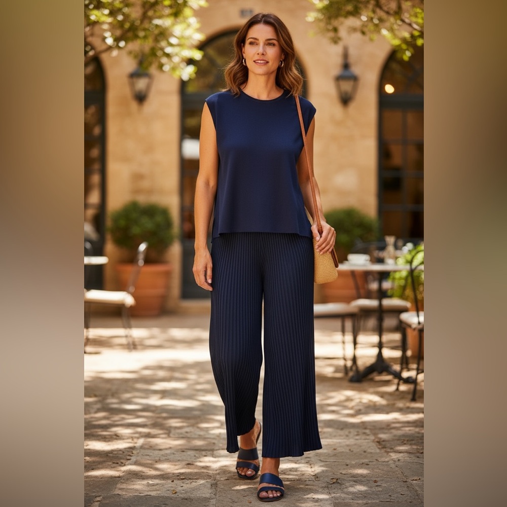 Unbranded Navy Blue Knit 2-Piece Set Women Pleated Pant Sweater Minimalist SZ S